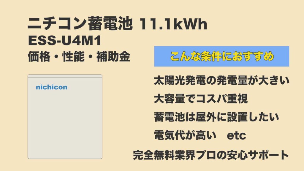 ニチコン蓄電池「ESS-U4M1」価格・性能・補助金
