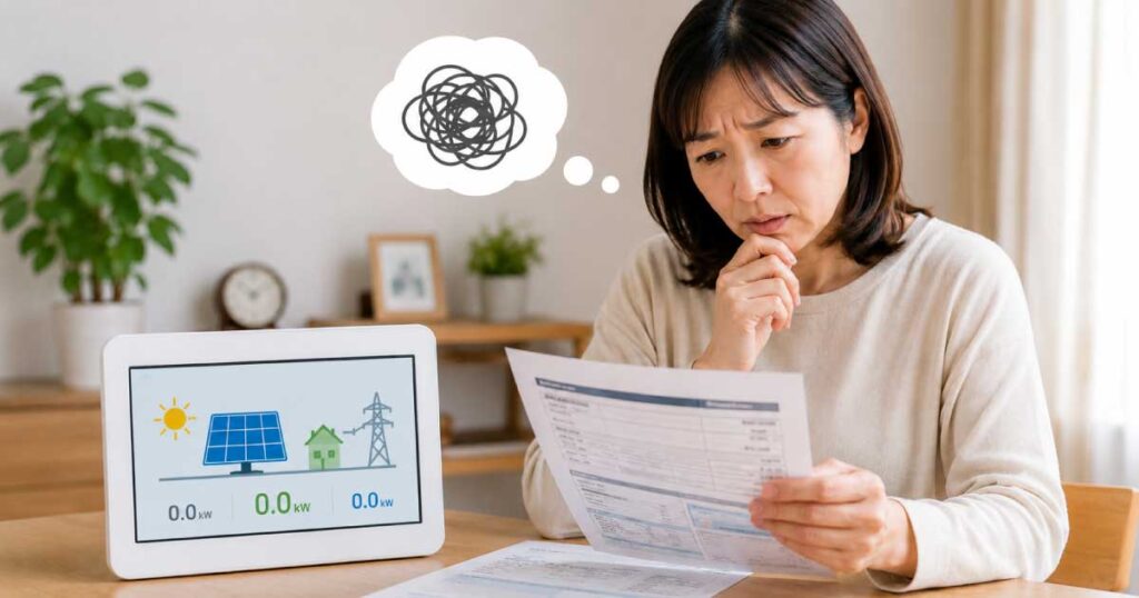 売電がゼロになり太陽光発電の停止に気づくイメージ